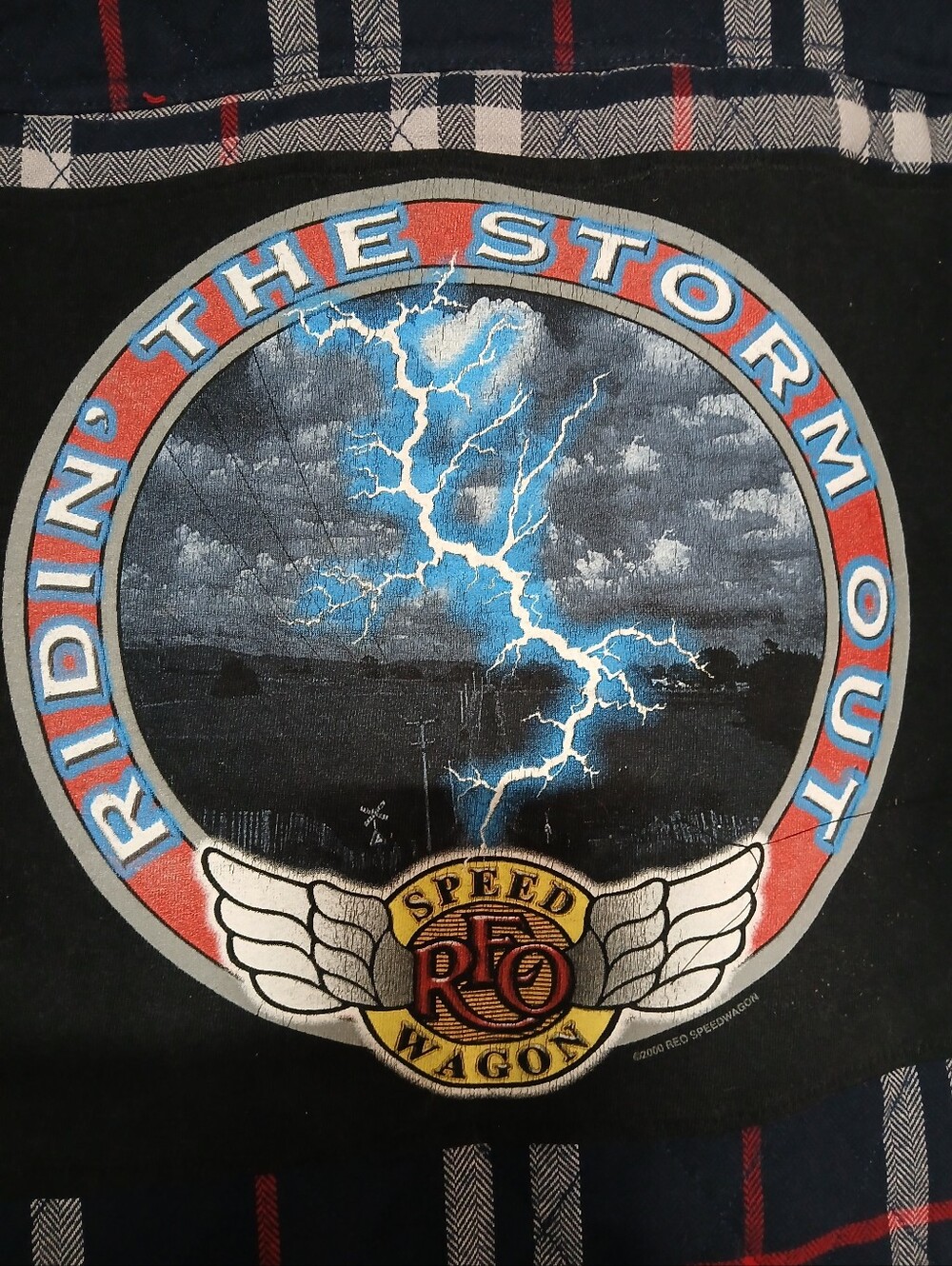 Custom Upcycled REO Speedwagon "Ridin' The Storm Out" Plaid Flannel - Picture 2 of 5